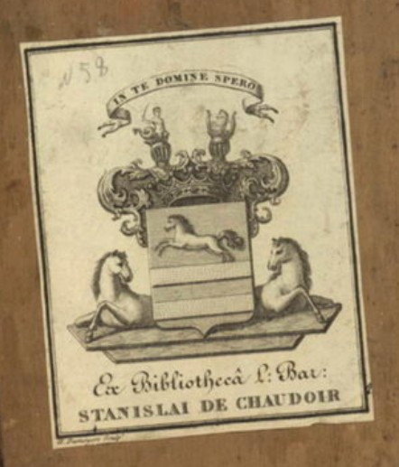 Ex libris барона Станіслава де Шодуара з зображенням родинного герба, 1. половина XIX. століття