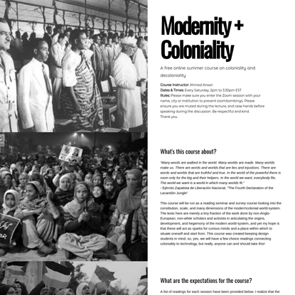 Modernity + Coloniality, Ahmed Ansari, syllabus summer 2020