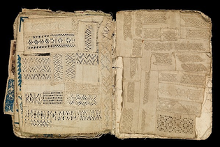 Booklet of embroidery and drawnwork (early 17th century). Probably Portugese.  Linen, silk, leather, paper.