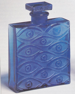 René Lalique’s 11-eyed blue-glass flacon for Canarina, 1928.