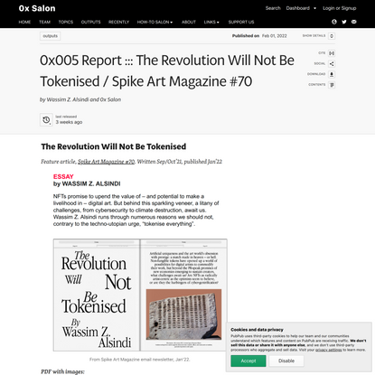 0x005 Report ::: The Revolution Will Not Be Tokenised / Spike Art Magazine #70 · 0x Salon