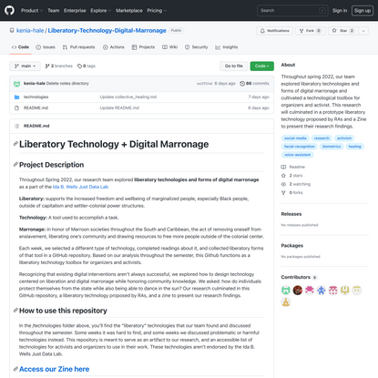 GitHub - kenia-hale/Liberatory-Technology-Digital-Marronage: Throughout spring 2022, our team explored liberatory technologi...