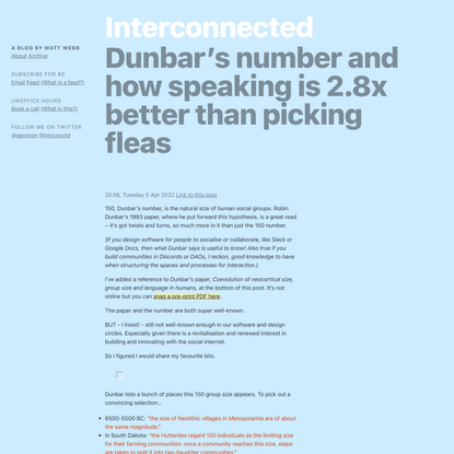 Dunbar’s number and how speaking is 2.8x better than picking fleas