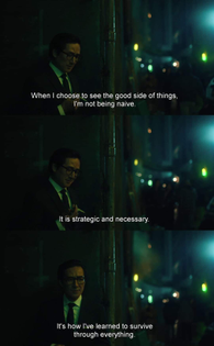 30 captioned stills from the movie Everything Everywhere At Once, showing Waymond saying "When I choose to see the good side of things, I'm not being naive. It is strategic and necessary. It's how I've learned to survive through everything".