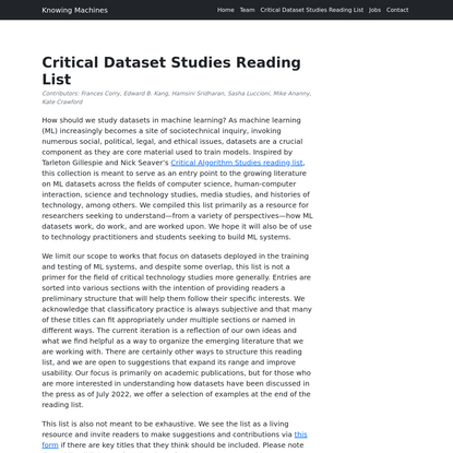 Critical Dataset Studies Reading List