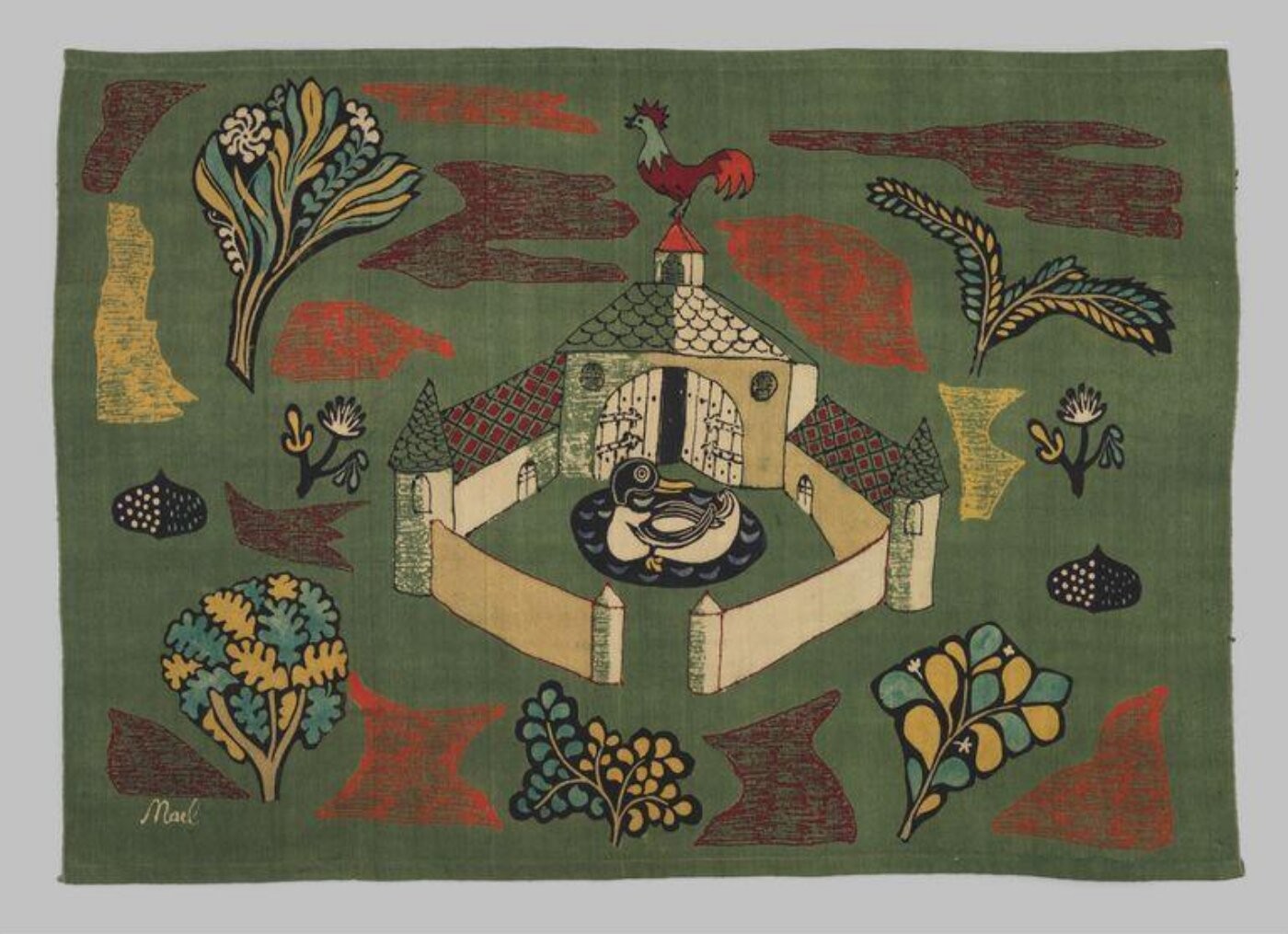 stenciled cloth, 1949, British; O'Connell, Michael for Heals. "The Old Farmyard"