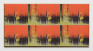 A woven painting that looks like a depiction of audio frequency spikes in sound recordings or recorded music. Orange, black, yellow an green-ish.
