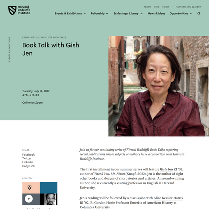 Book Talk with Gish Jen | Radcliffe Institute for Advanced Study at Harvard University