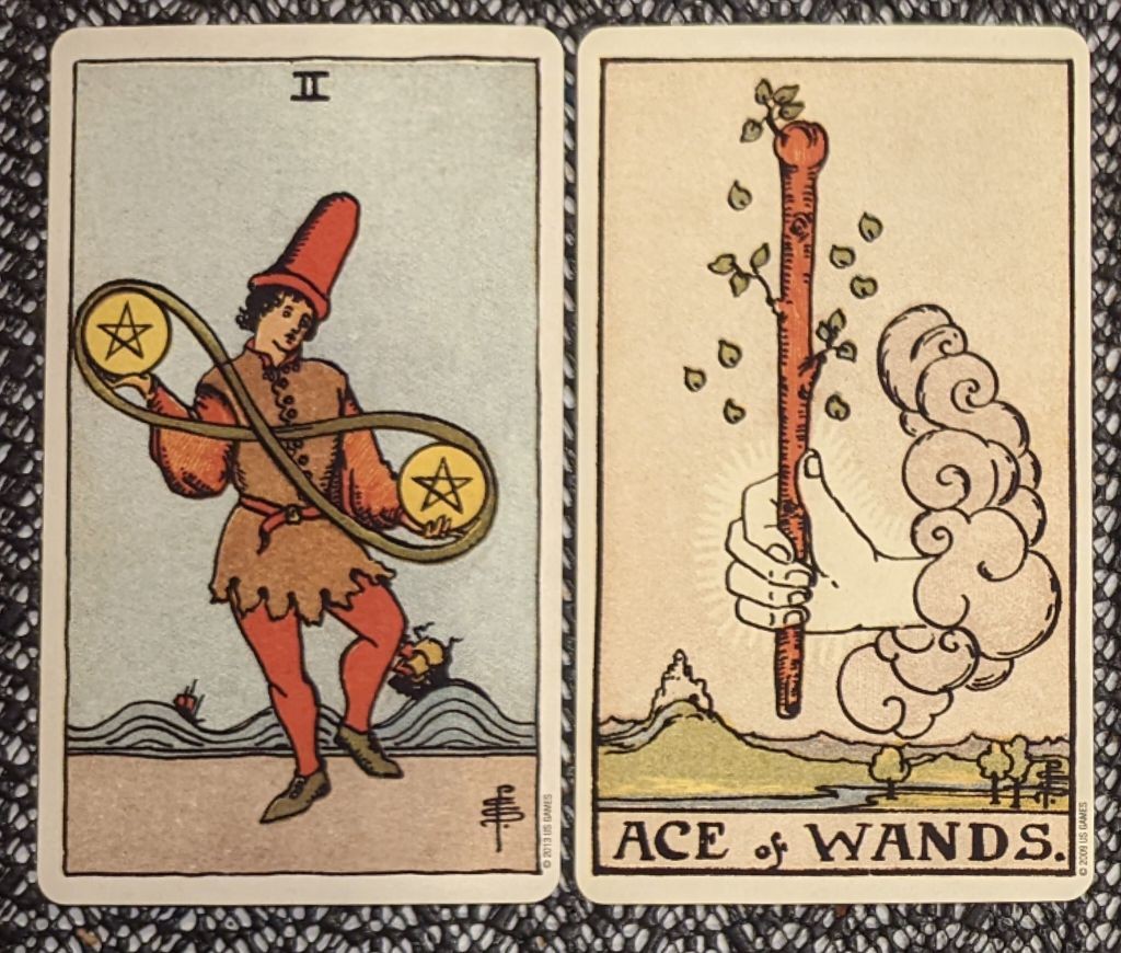 two of pentacles + ace of wands