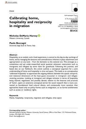 Calibrating home, hospitality and reciprocity in migration – Nicholas DeMaria Harney, Paolo Boccagni (2022)