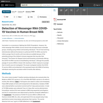 Detection of Messenger RNA COVID-19 Vaccines in Human Breast Milk