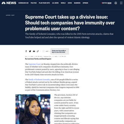 Supreme Court takes up a divisive issue: Should tech companies have immunity over problematic user content?