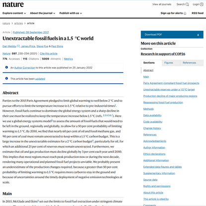 Unextractable fossil fuels in a 1.5 °C world - Nature