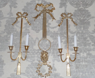 Tall Ornate Brass Candle Wall Sconces with French / Neoclassical Design- Great Mantel or Foyer Decor