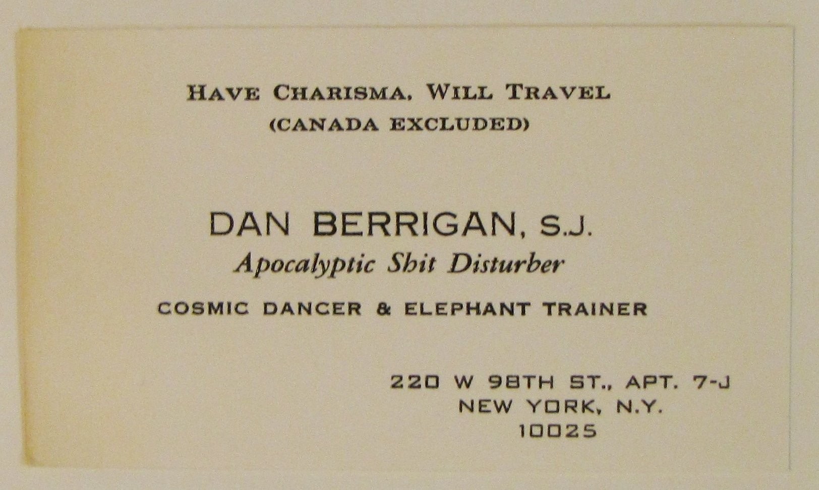 Dan Berrigan business card